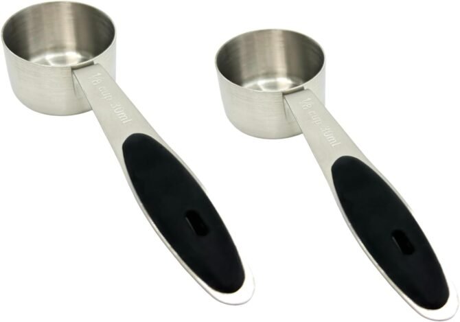 2pcs Stainless Steel Coffee Spoon with Black Silicone Handle Measuring Cup 1/8 Cup (2 Tbsp/30 ml/30 cc/1 oz)