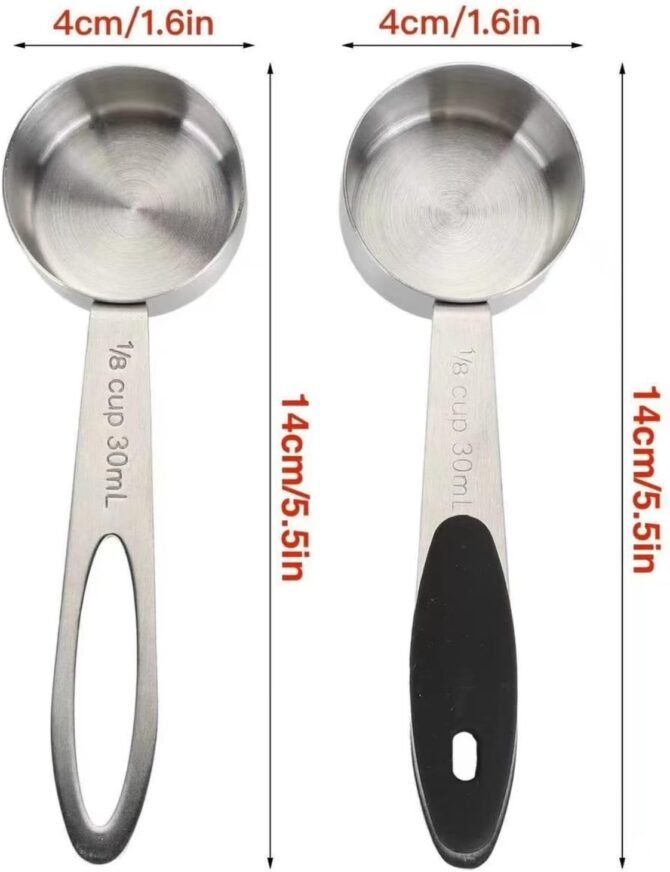 2pcs Stainless Steel Coffee Spoon with Black Silicone Handle Measuring Cup 1/8 Cup (2 Tbsp/30 ml/30 cc/1 oz) - Image 2