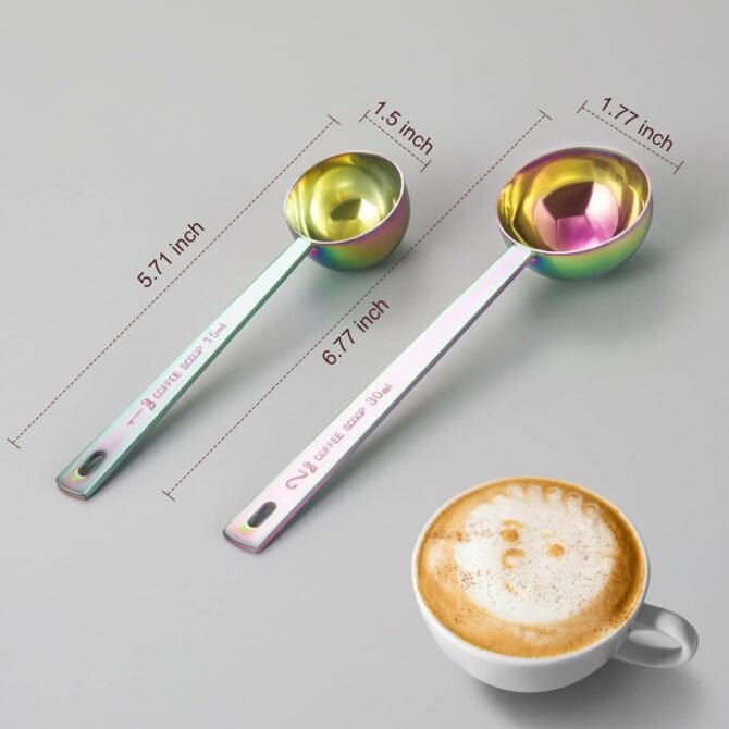 Premium coffee scoop set, set of 2, Metal stainless steel long handle coffee scoop, measuring coffee spoons contains 1 tablespoon (15 ml) and 2 tablespoons (30 ml) multicolor spoon. - Image 2