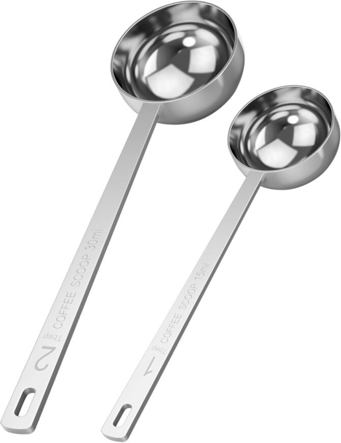 Premium Coffee Scoop Set - 1 Tbsp (15ml) & 2 Tbsp (30ml) Measuring Tablespoon - Stainless Steel Coffee Measuring Spoon and Scooper with Long Handles - Pack of 2