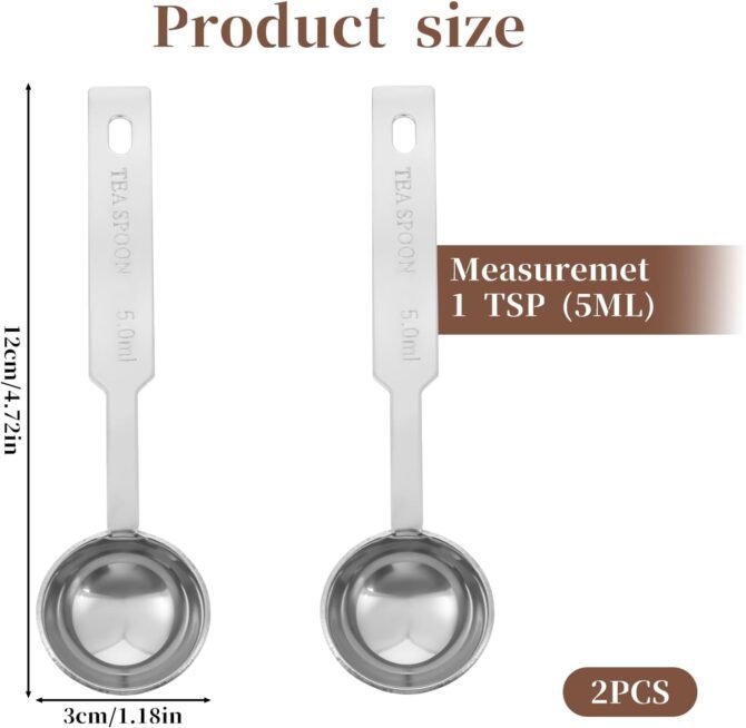 2 Pcs Teaspoon Measuring Spoons Stainless Steel Single Measuring Spoon (5 mL | 1/6 oz | 1/3 Tbsp) Coffee Ice Cream Scoop Long Handle Metal Measuring Spoon Kitchen Gadgets for Cooking & Baking - Image 2