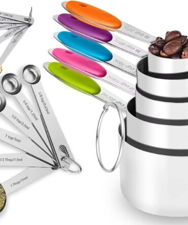Stainless Steel Measuring Cups and Spoons Set of 16, 5 Measuring Cups with Colored Silicone Handles, 6 Nesting Spoons, 5 Mini Spoons, Kitchen Gadgets for Cooking & Baking, Dry and Liquid Ingredients