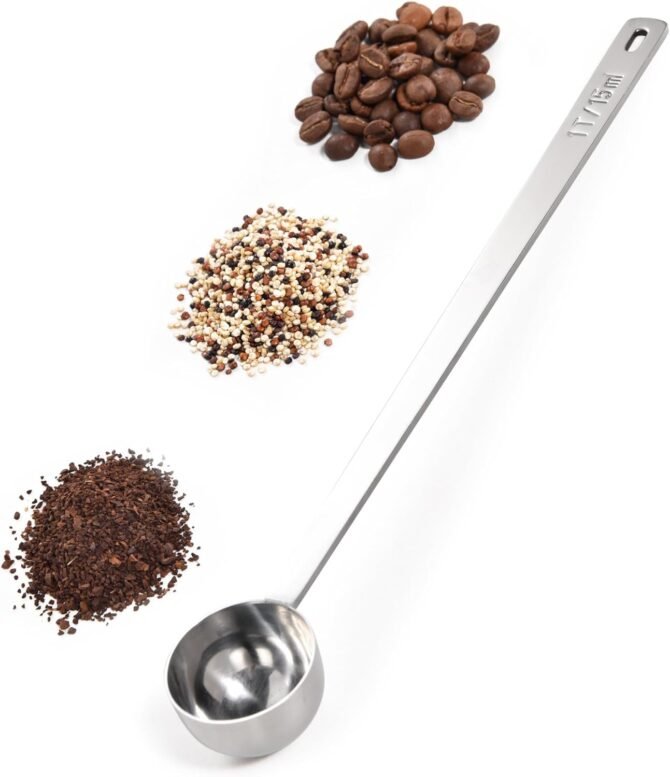 18/8 Stainless Steel Coffee Scoop,  Food-Grade Metal Measuring Spoon with 8.5in Long Handle, Tablespoon Scooper for Coffee Beans, Ground Coffee, Espresso, Protein Powders, Tea, Sugar (1 Tbsp)