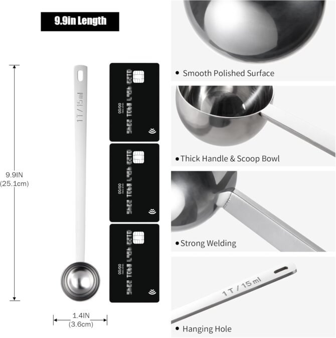 18/8 Stainless Steel Coffee Scoop,  Food-Grade Metal Measuring Spoon with 8.5in Long Handle, Tablespoon Scooper for Coffee Beans, Ground Coffee, Espresso, Protein Powders, Tea, Sugar (1 Tbsp) - Image 2