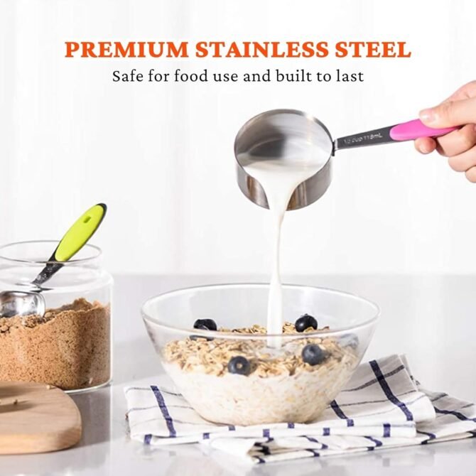 Stainless Steel Measuring Cups and Spoons Set of 16, 5 Measuring Cups with Colored Silicone Handles, 6 Nesting Spoons, 5 Mini Spoons, Kitchen Gadgets for Cooking & Baking, Dry and Liquid Ingredients - Image 2