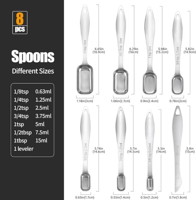 18/8 Stainless Steel Measuring Spoons:  Heavy Duty Rectangular Spoon Square Teaspoon Tablespoon Scoop with Slim Long Handle in Narrow Spice Jar for Kitchen Baking Cooking (Set of 8 with Leveler) - Image 2