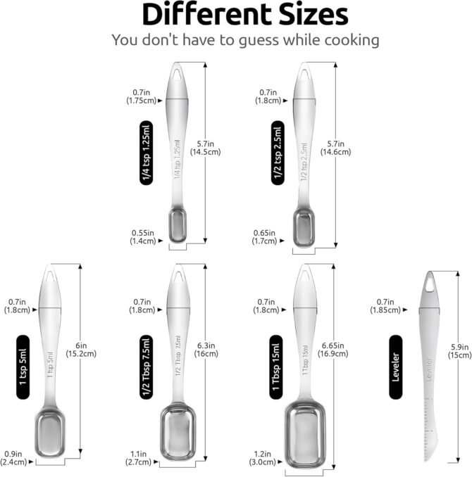 Narrow Square Measuring Spoons: 18/8 Stainless Steel Kitchen Measure Teaspoon Tablespoon with Leveler, Polygon Rectangular Metal Jar Scoop for Baking Cooking, Coffee, Spice, Powder (Set of 6) - Image 2