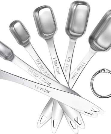 Narrow Square Measuring Spoons: 18/8 Stainless Steel Kitchen Measure Teaspoon Tablespoon with Leveler, Polygon Rectangular Metal Jar Scoop for Baking Cooking, Coffee, Spice, Powder (Set of 6)