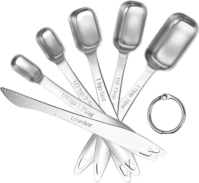 Narrow Square Measuring Spoons: 18/8 Stainless Steel Kitchen Measure Teaspoon Tablespoon with Leveler, Polygon Rectangular Metal Jar Scoop for Baking Cooking, Coffee, Spice, Powder (Set of 6)