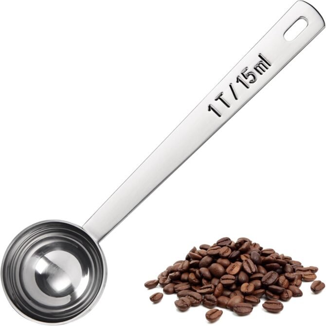 Coffee Scoop 1 Tablespoon: 18/8 Stainless Steel Measuring Scooper for Ground Coffee, Bean, Powder, Espresso, 4.3in Long Handle Metal Measure Spoon for Canister, Jar (1Tbsp/15ml)