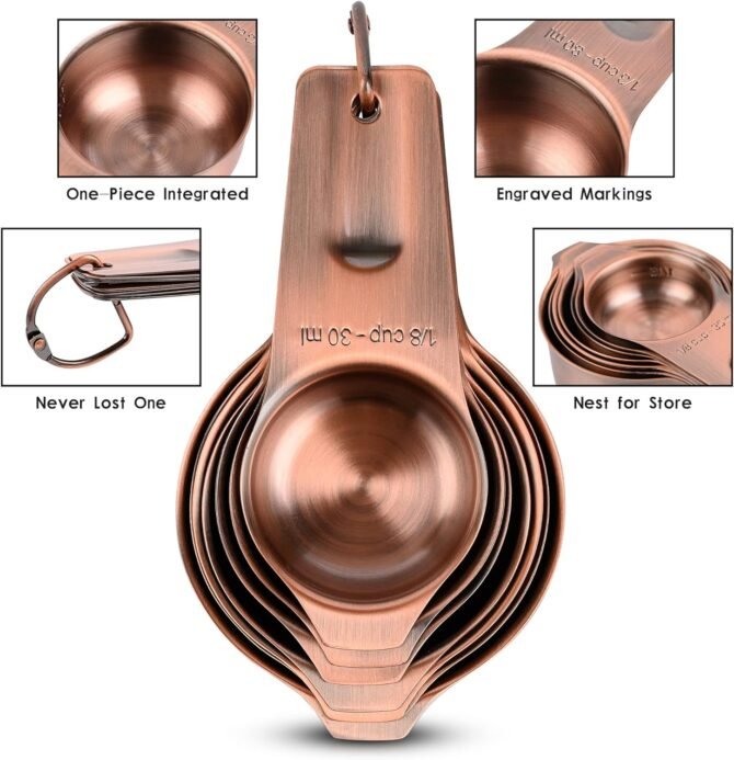 Copper Measuring Cups Set 7, Stainless Steel Set for Kitchen & Baking, Meteor Metric & US Cups With 2/3 & 3/4 Measure for Dry & Liquid Ingredients - Image 2